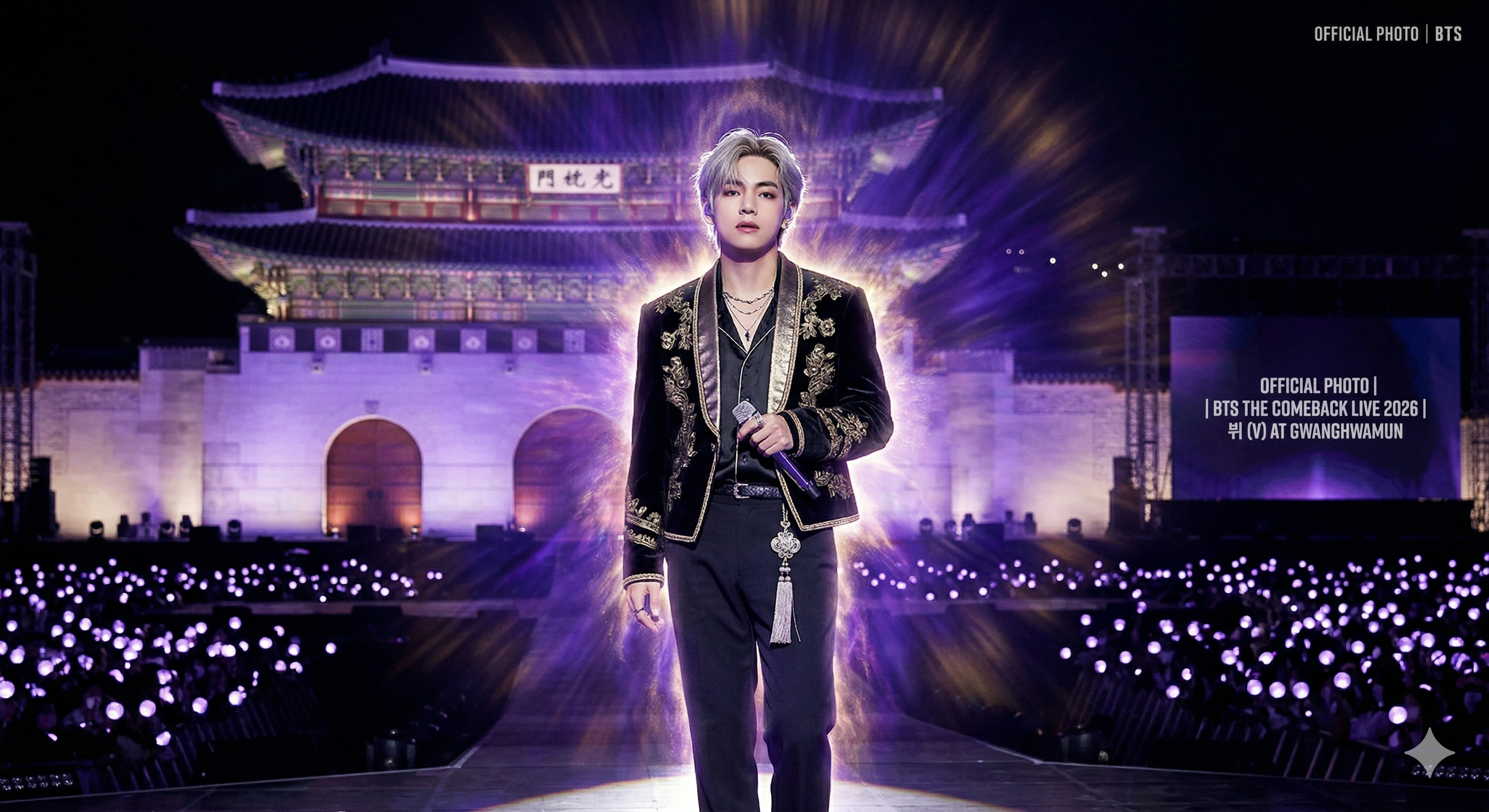 광화문 공연의 절정에서 뷔가 미소 짓는 고화질 공식 현장 사진