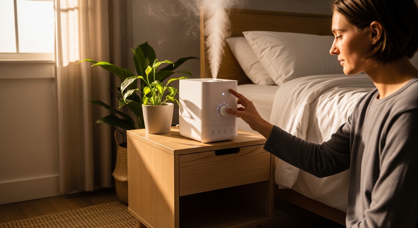 침실 습도 관리를 통해 아침 목 마름을 점검하는 모습