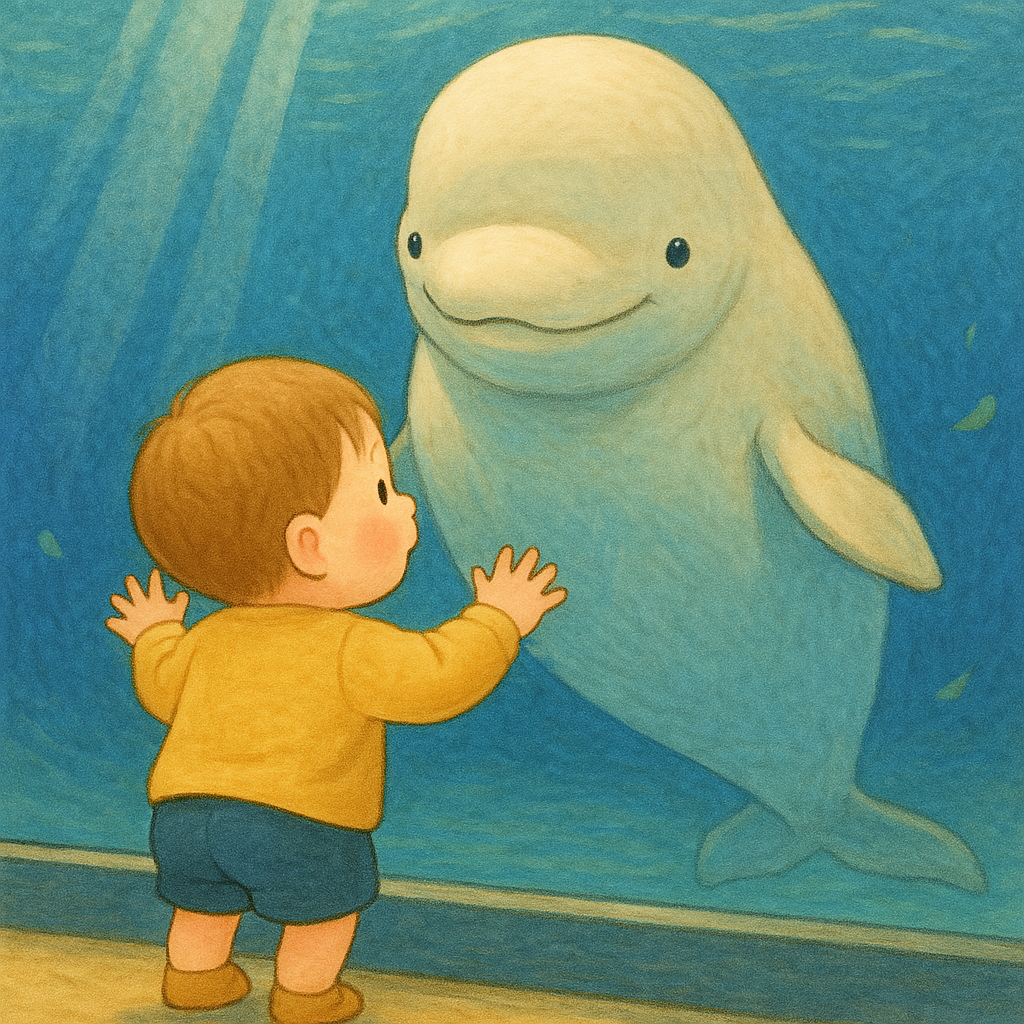 수족관에서 벨루가를 바라보는 아기 일러스트(출처: 챗GPT)