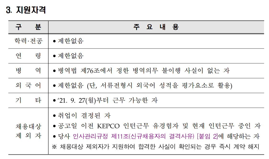 한국전력공사 채용 - 지원자격
