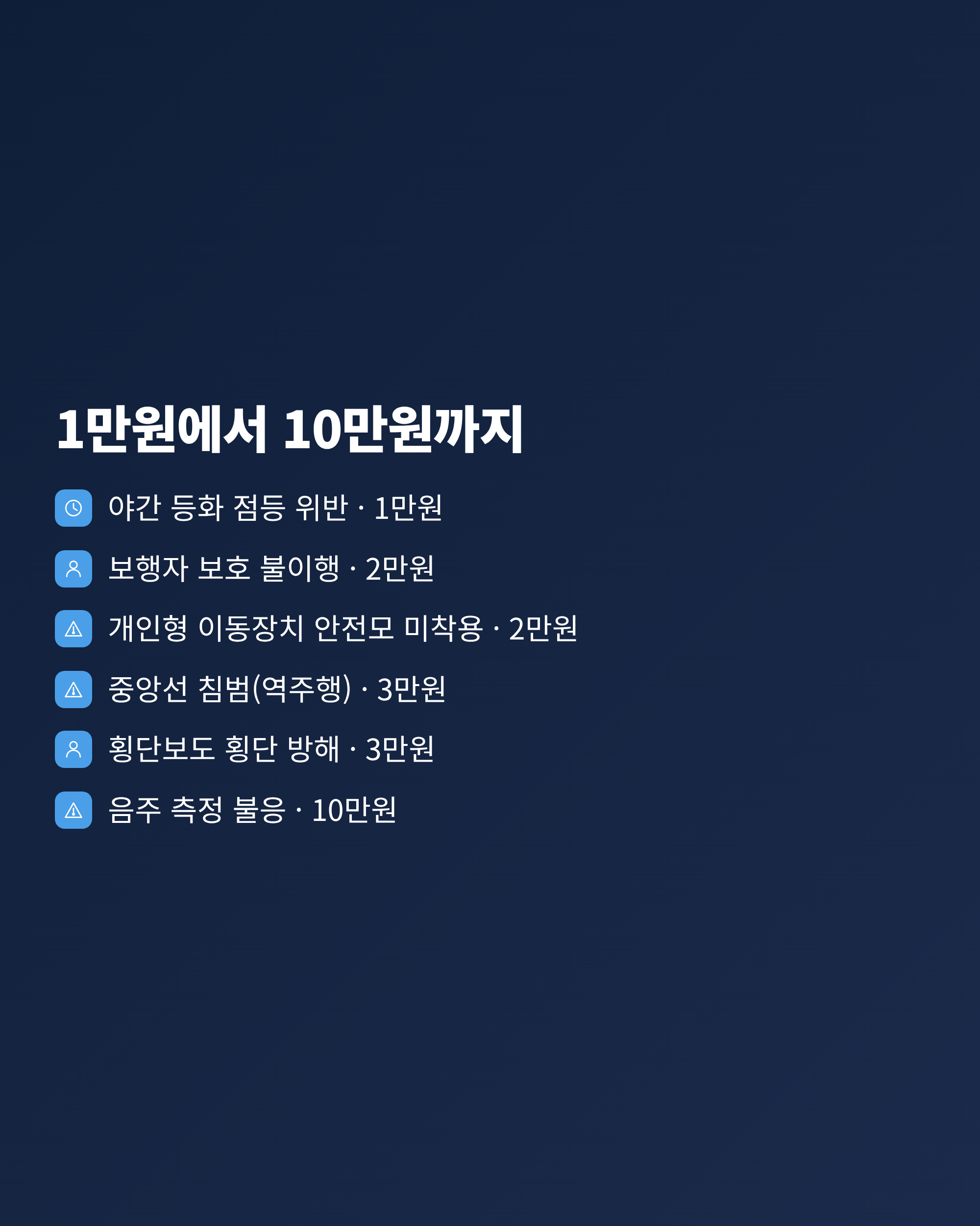 자전거 항목별 범칙금 금액을 1만원부터 10만원까지 정리한 금액표 이미지