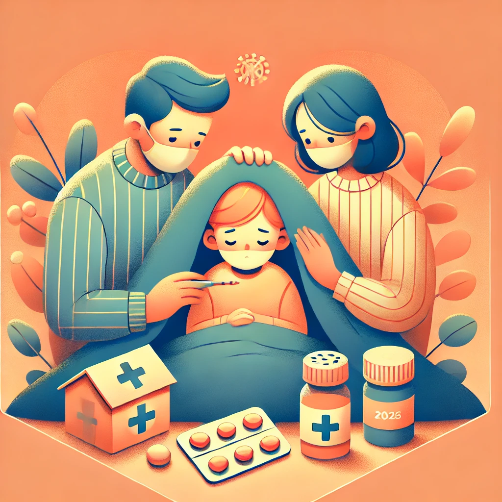 독감 초기 증상을 묘사하는 이미지 (열, 두통, 기침 등)