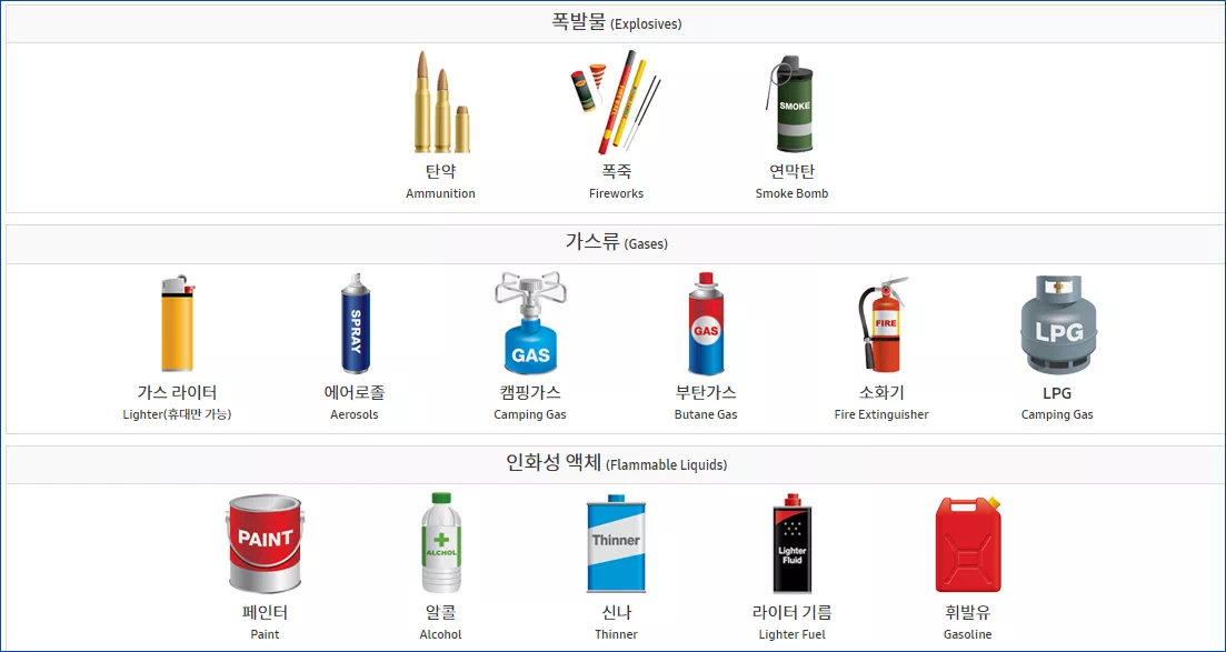 항공위험물:폭발물, 가스류, 인화성액체