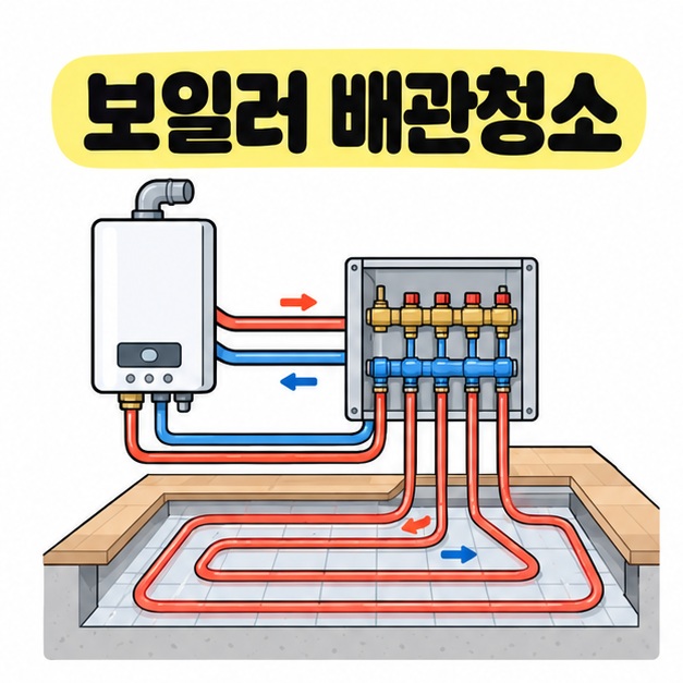 보일러 배관청소 제목 아래 보일러와 분배기, 바닥 난방관을 연결하고 물의 흐름을 화살표로 표시한 구조도