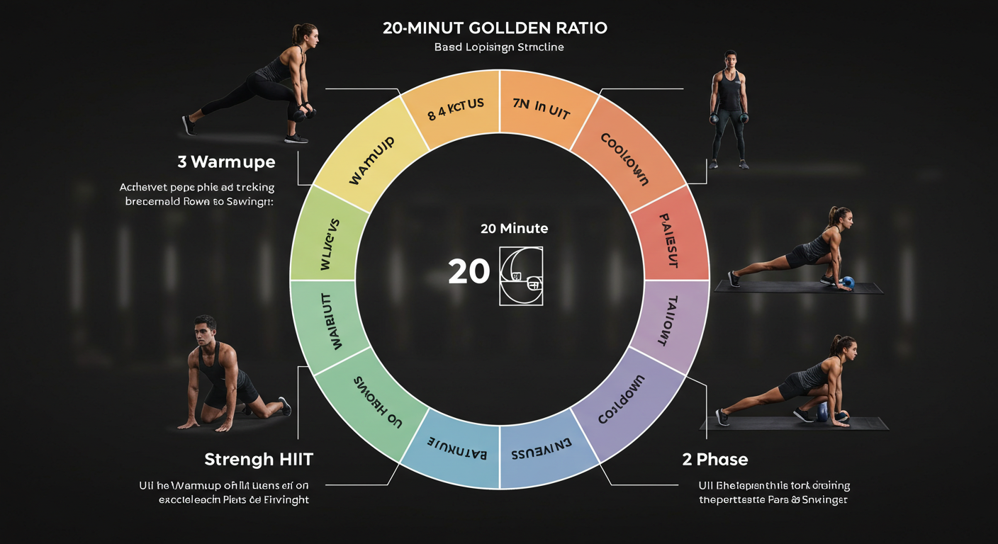 "20분 운동의 황금 비율 - 워밍업 3분, HIIT 8분, 근력 운동 7분, 쿨다운 2분을 보여주는 다이어그램"