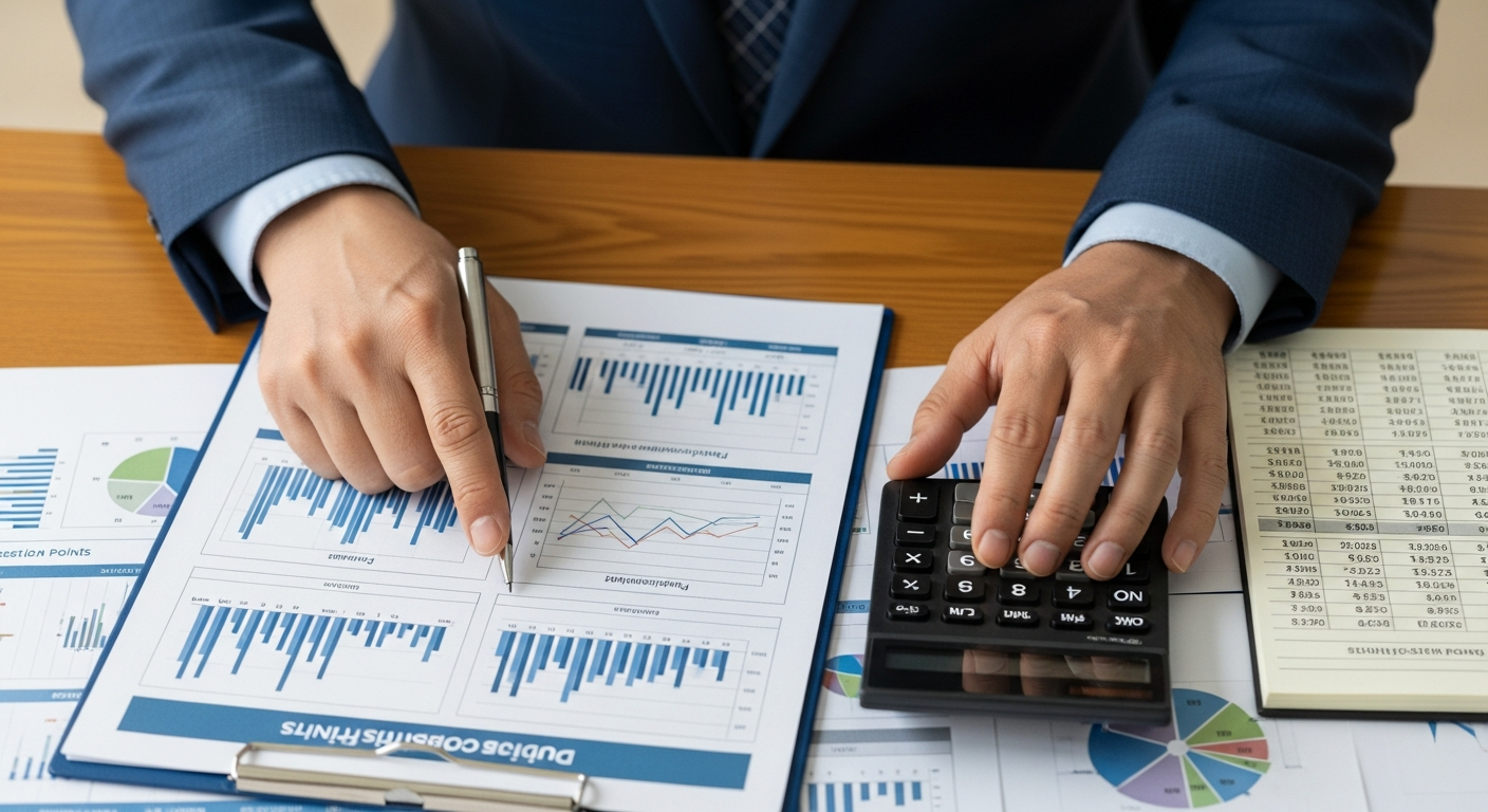 50대 한국인의 손이 계산기를 사용해 아파트 청약 가점을 꼼꼼하게 계산하고 있는 책상 위 클로즈업 사진입니다.