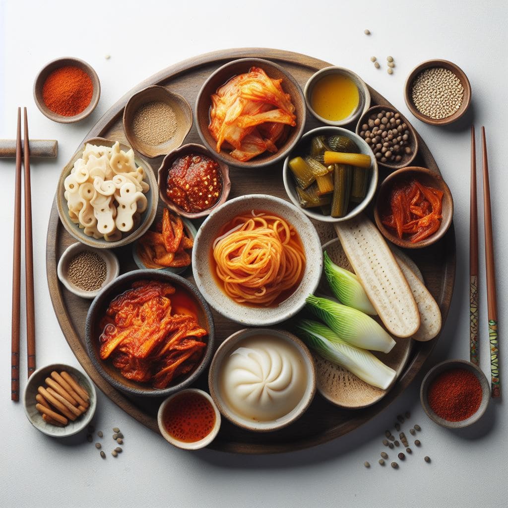 한국의 발효 식품을 그릇에 담아 큰 쟁반에 예쁘게 담은 모습