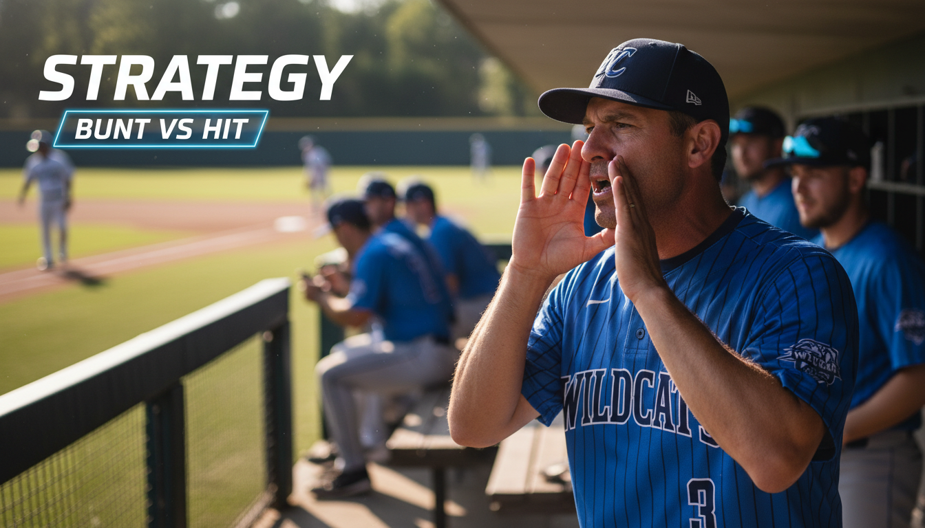 승부치기 상황에서 번트냐 강공이냐를 고민하며 작전을 지시하는 야구 감독의 모습