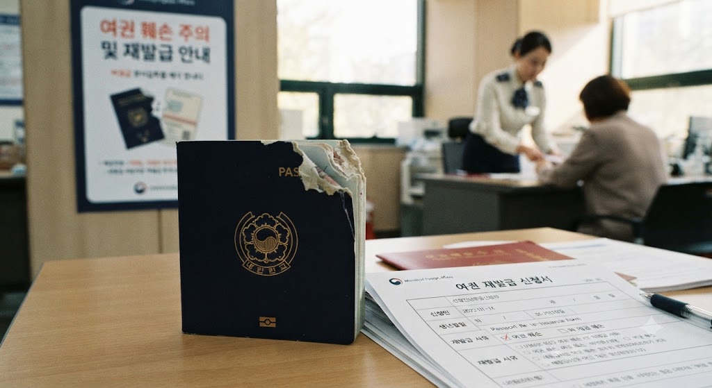 여권이 훼손되어서 재발급받는 모습