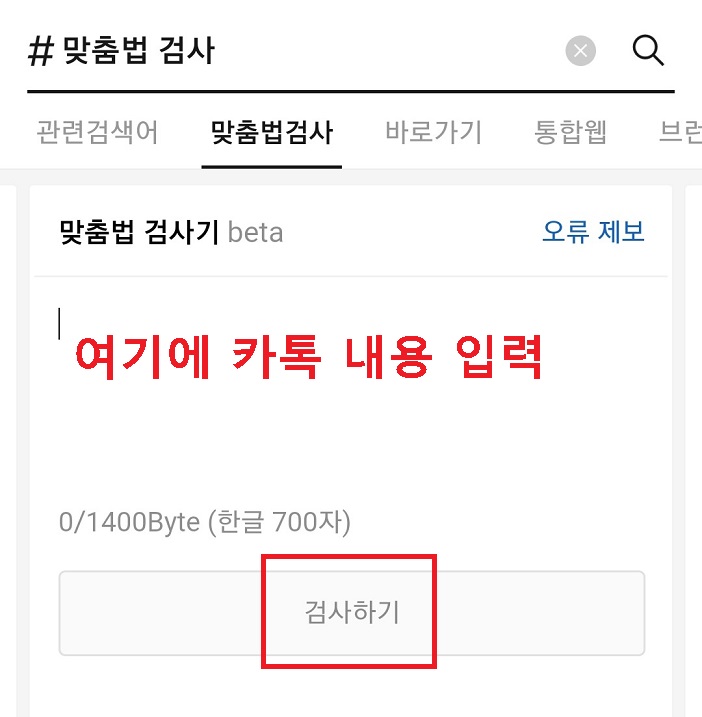 카카오톡 맞춤법 검사기 화면임