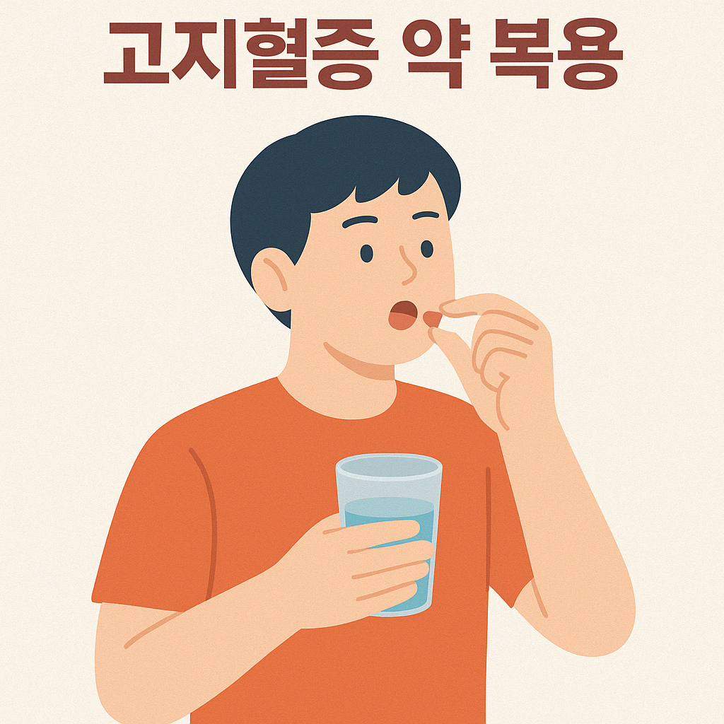 "고지혈증 약을 복용하는 남성의 일러스트. 한 손에는 알약을, 다른 손에는 물컵을 들고 복용하려는 모습으로, 약물 치료의 중요성을 표현한 이미지."