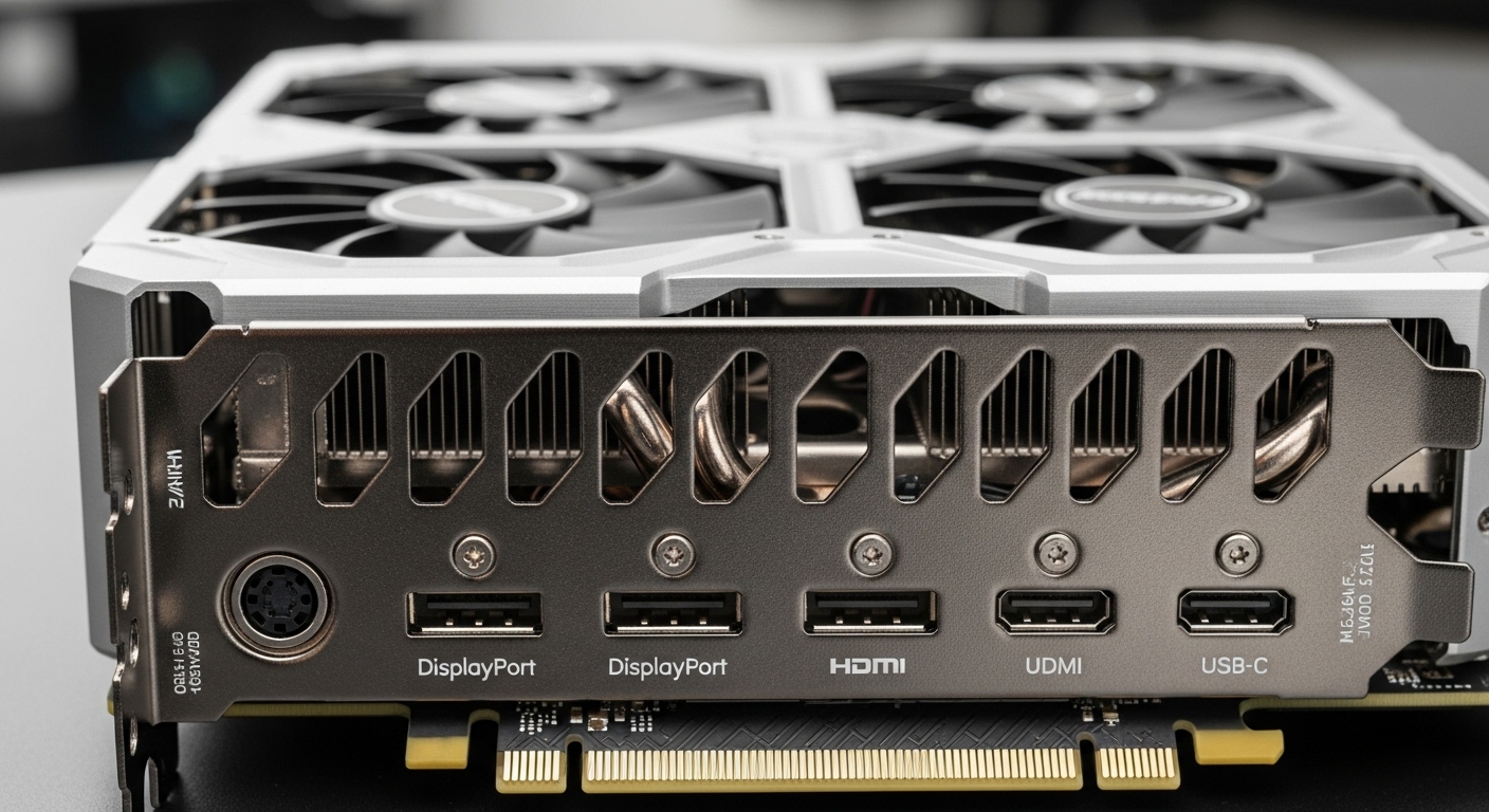 GPU 그래픽 카드의 후면 포트와 쿨러 이미지