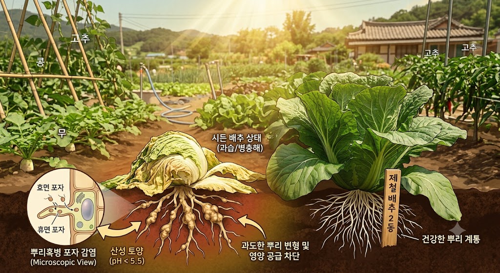 산성 토양에서 활성화된 뿌리혹병 포자가 배추 잔뿌리로 침투해 혹을 형성하는 생리적 과정 일러스트