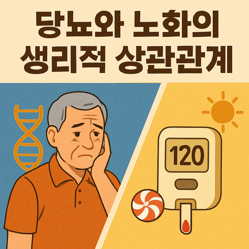 당뇨와 노화의 생리적 상관관계를 설명하는 일러스트. 왼쪽에는 DNA 구조와 함께 얼굴에 주름이 있는 회색 머리의 노인이 걱정스러운 표정으로 손을 턱에 대고 있고, 오른쪽에는 혈당 수치 120이 표시된 혈당 측정기와 사탕, 태양 아이콘이 함께 배치되어 있다