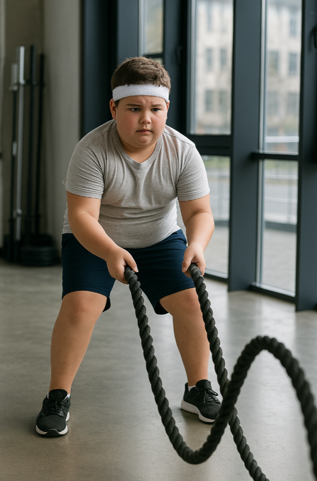 비만이 심한 남자아이가 운동하는 이미지