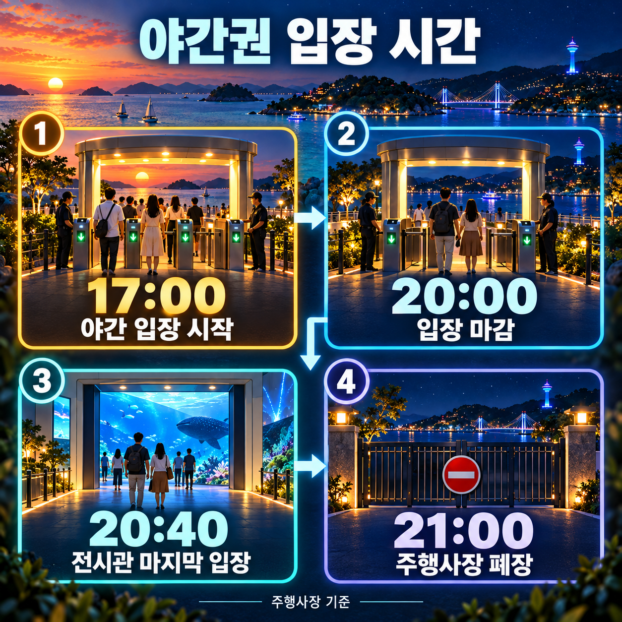 17시 야간 입장 시작부터 20시 입장 마감, 20시40분 전시관 마지막 입장, 21시 주행사장 폐장까지의 시간선