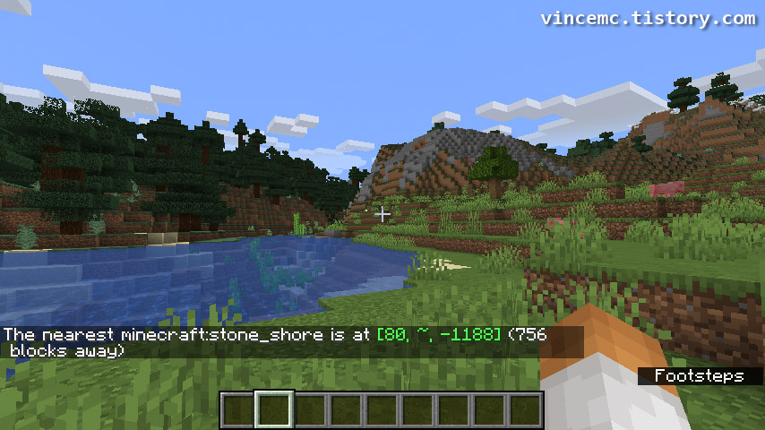 돌 해안의 위치를 찾는 locatebiome 명령어를 입력한 모습