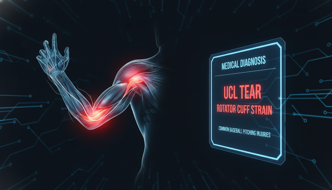 야구 투수의 팔꿈치와 어깨 관절의 부상 위험을 강조하여 보여주는 3D 메디컬 인포그래픽