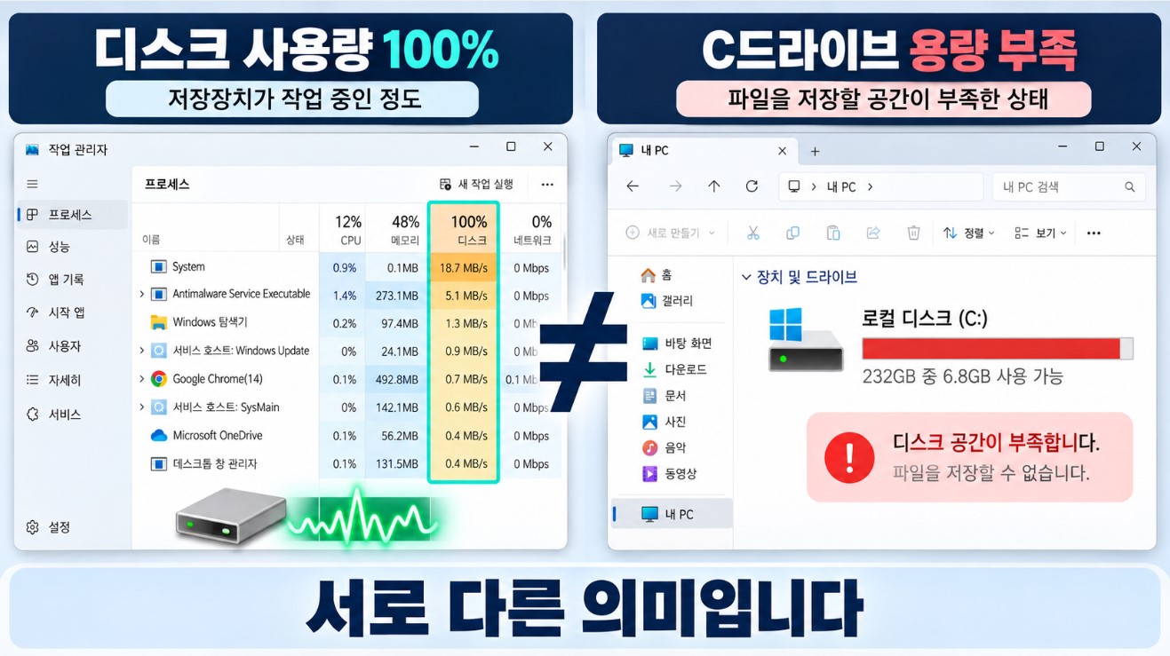 디스크 사용량 100% = 저장장치 작업량 / C드라이브 용량 부족 = 저장공간 부족