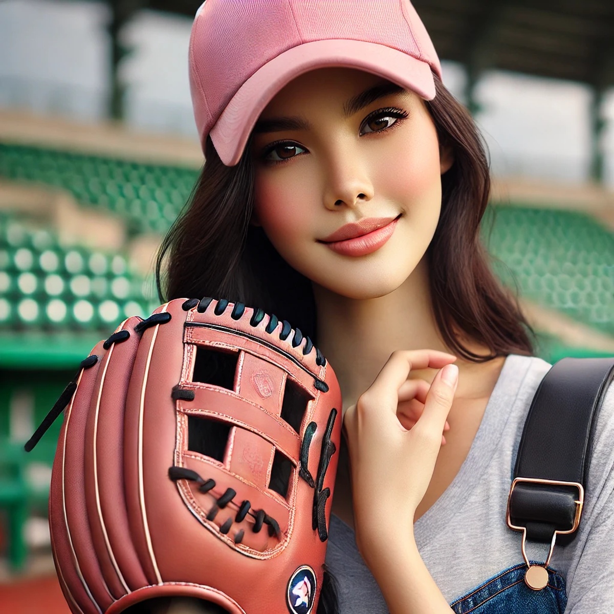 여성용 핑크 글러브를 든 여성 야구팬
