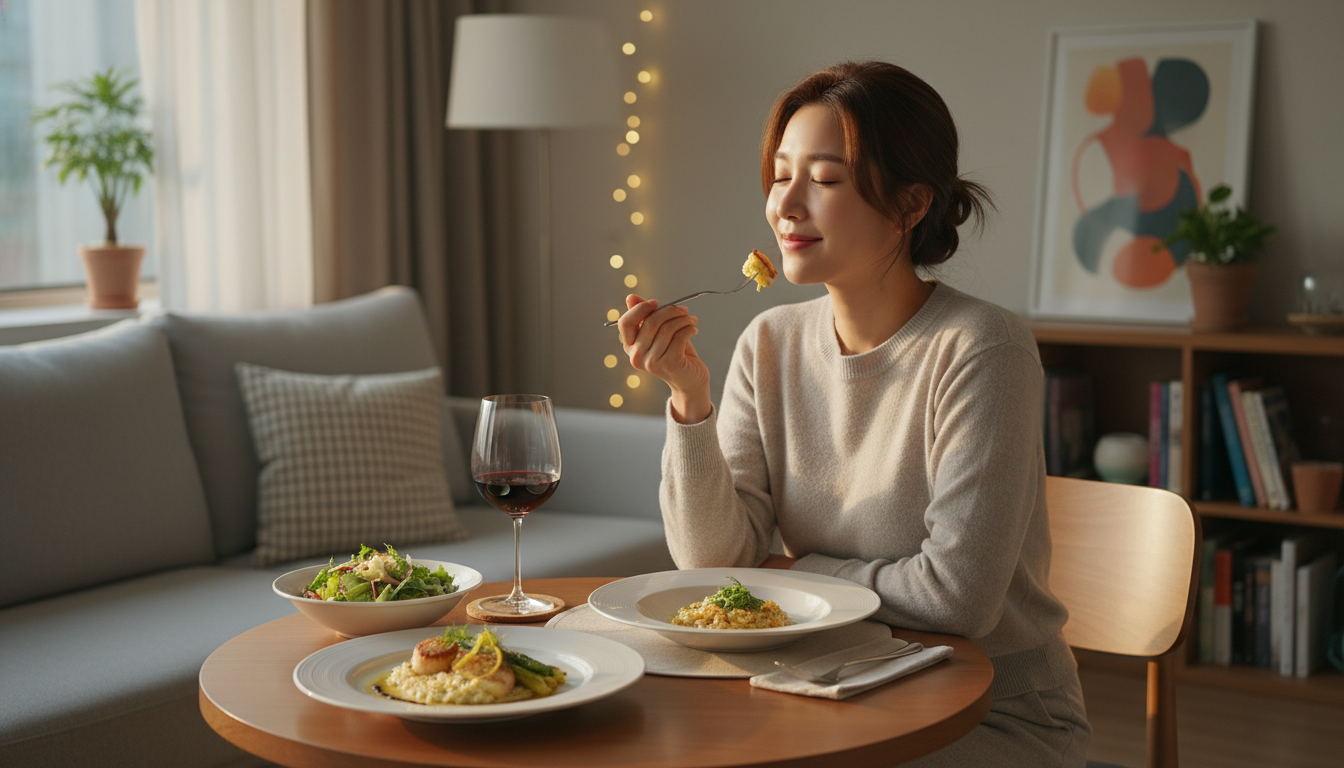 집에서 프리미엄 RMR 요리를 행복하게 즐기는 한국 여성. 편안하고 만족스러운 홈스토랑 분위기가 느껴진다.