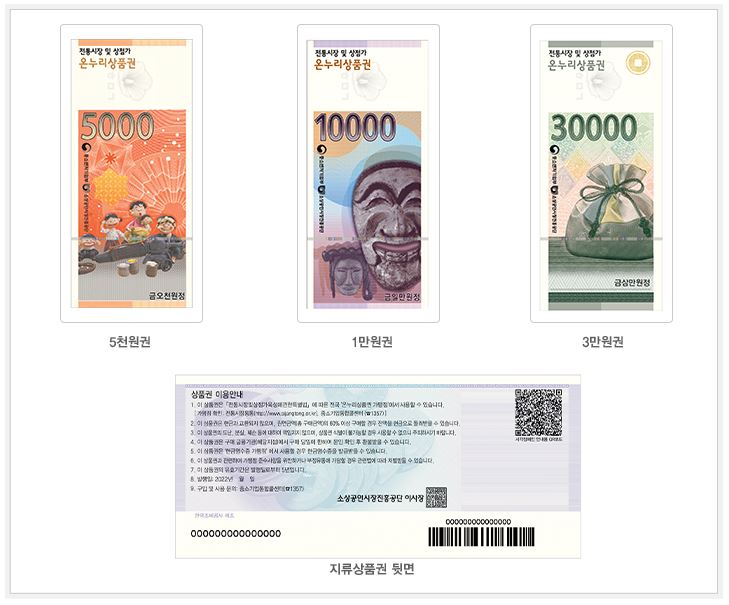 온누리 상품권 지류형, 5천원권, 1만원권, 3만원권의 사진과 지류상품권의 뒷면