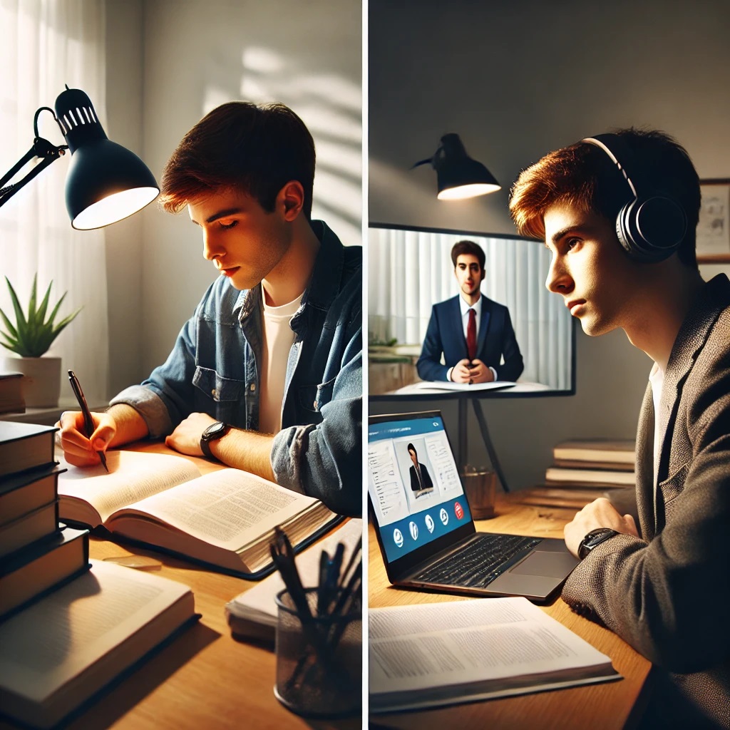 왼쪽은 혼자 공부하는 모습, 오른쪽은 강의를 듣는 모습을 담은 일러스트.