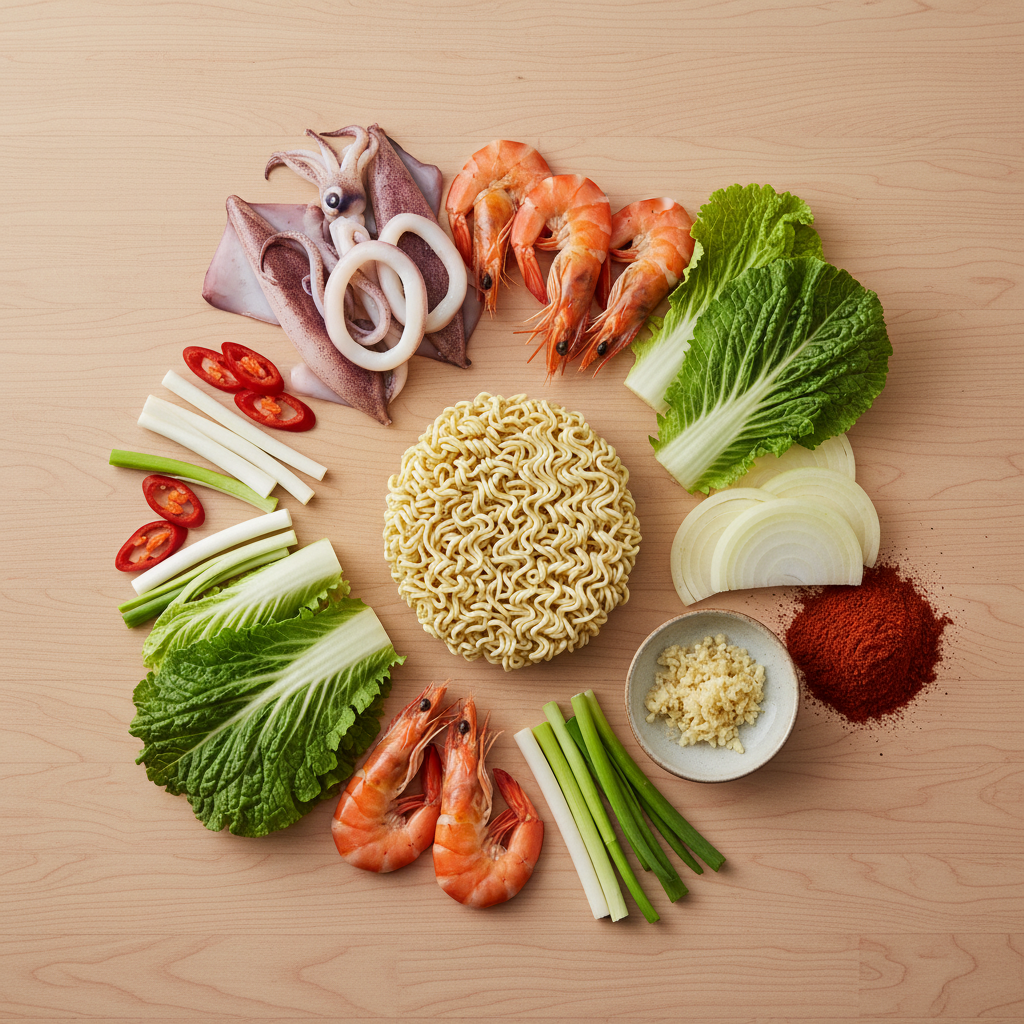 김대석 셰프 해물 짬뽕 라면 만들기 위한 신선한 재료들