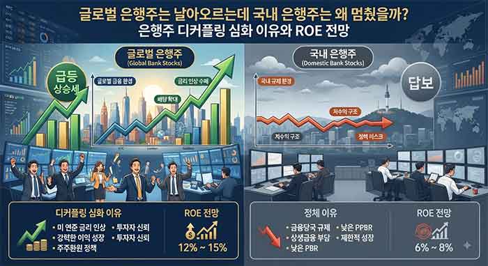 글로벌과 국내 은행주의 디커플링 및 ROE 전망 비교 인포그래픽.