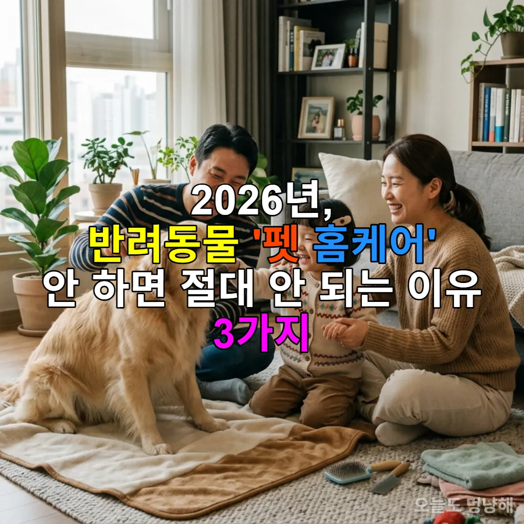 한국 가정에서 가족들이 반려동물과 함께 홈케어 활동을 하는 따뜻한 모습