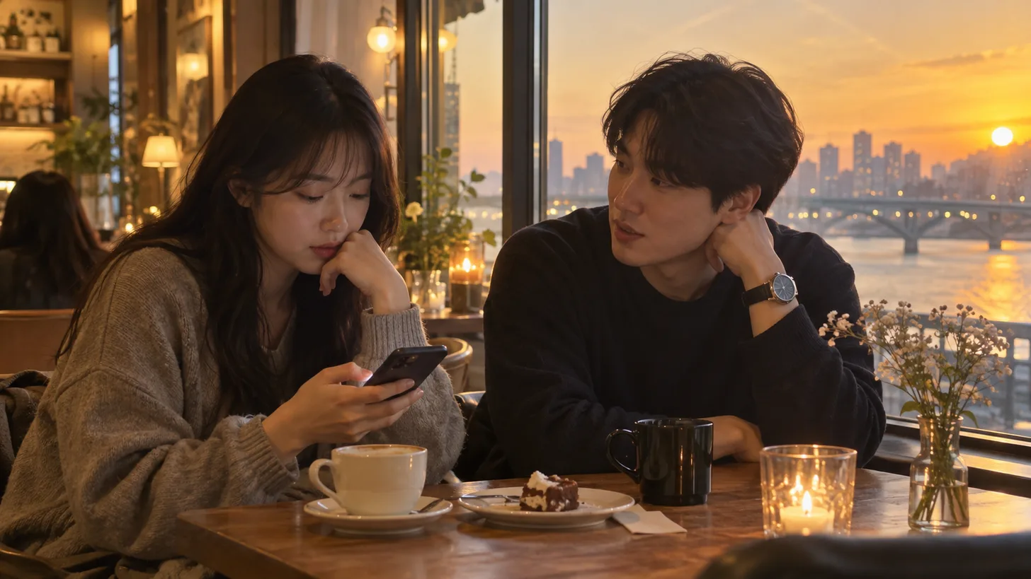 창가 자리에서 차분하게 이야기를 나누는 두 사람