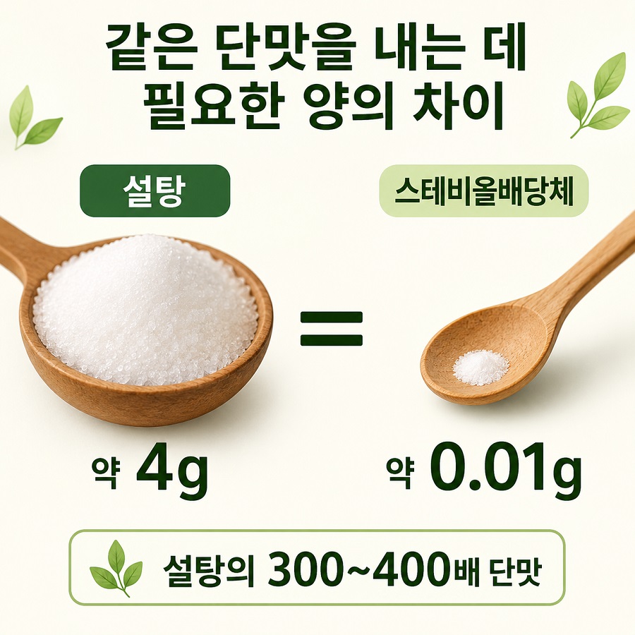 같은 단맛을 기준으로 설탕은 많은 양, 스테비올배당체는 매우 적은 양이 필요한 차이를 시각화.