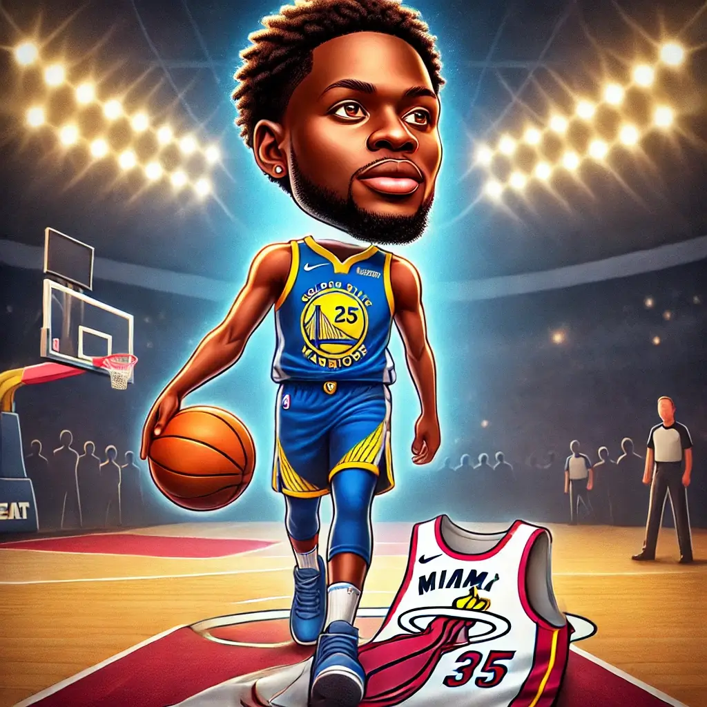 골든스테이트 유니폼을 입고 농구장에서 마이애미 히트 유니폼을 벗어놓은 NBA 흑인 선수의 캐리커처 일러스트