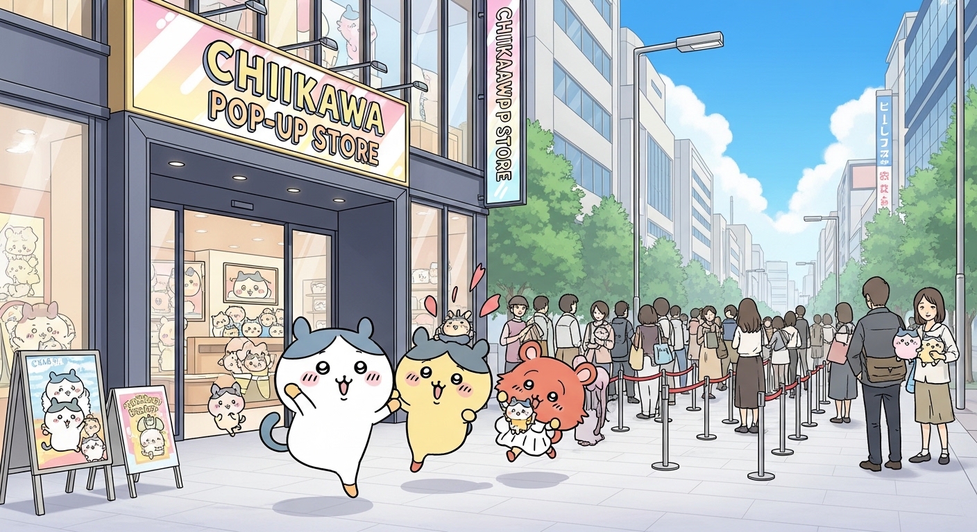 치이카와, 하치와레, 우사기가 활기찬 팝업 스토어 앞에서 신나게 서 있는 모습. 뒤로는 줄 서 있는 팬들이 보이며, 밝고 즐거운 분위기를 연출합니다.