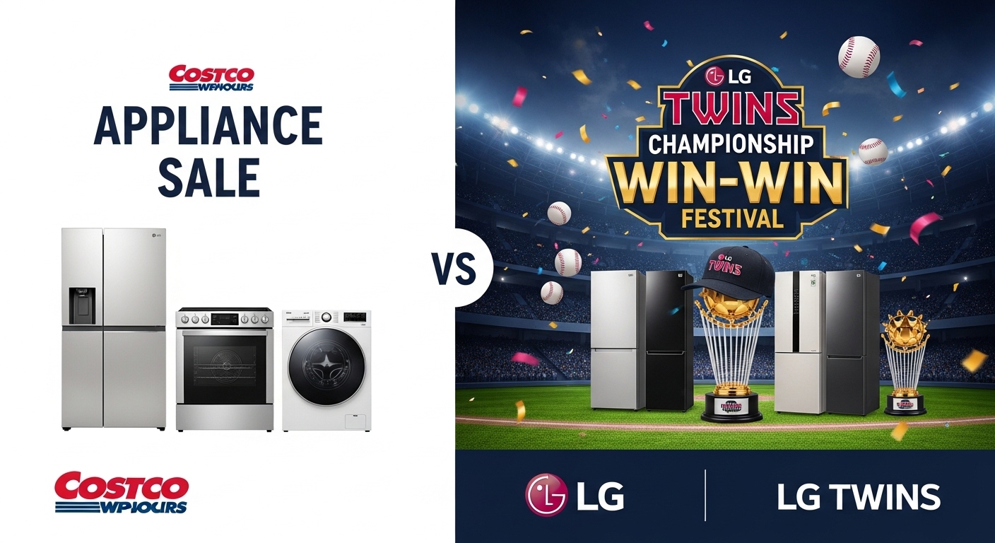 코스트코 일반 가전 세일과 LG트윈스 우승 기념 가전 세일의 차이점을 시각적으로 비교한 인포그래픽.