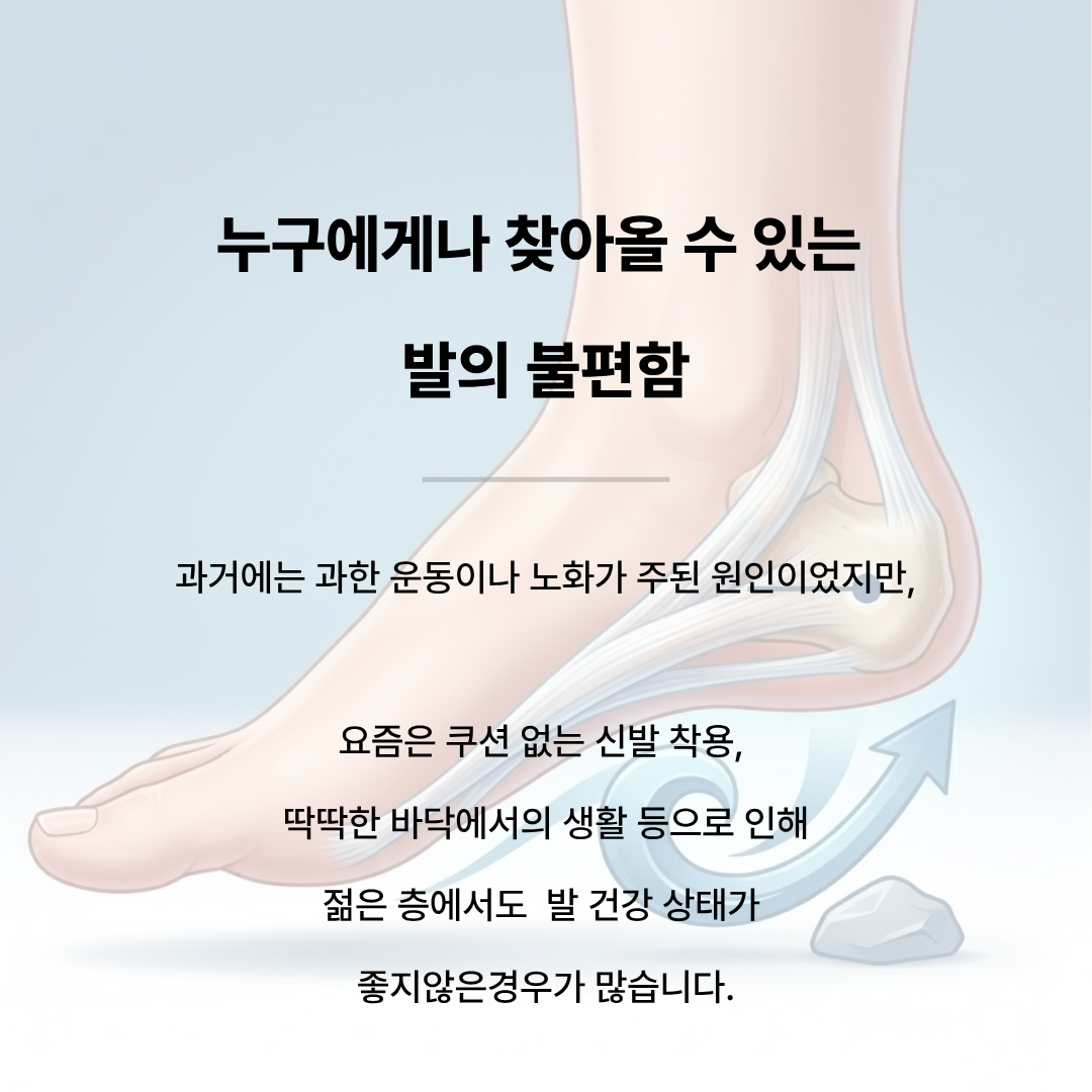 쿠션 없는 신발, 딱딱한 바닥, 과한 운동 등 젊은 층 족저근막염 원인을 시각화한 이미지