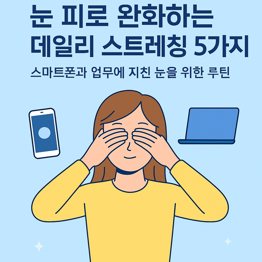 눈 피로를 완화하는 데일리 스트레칭을 실천하는 여성의 일러스트 이미지