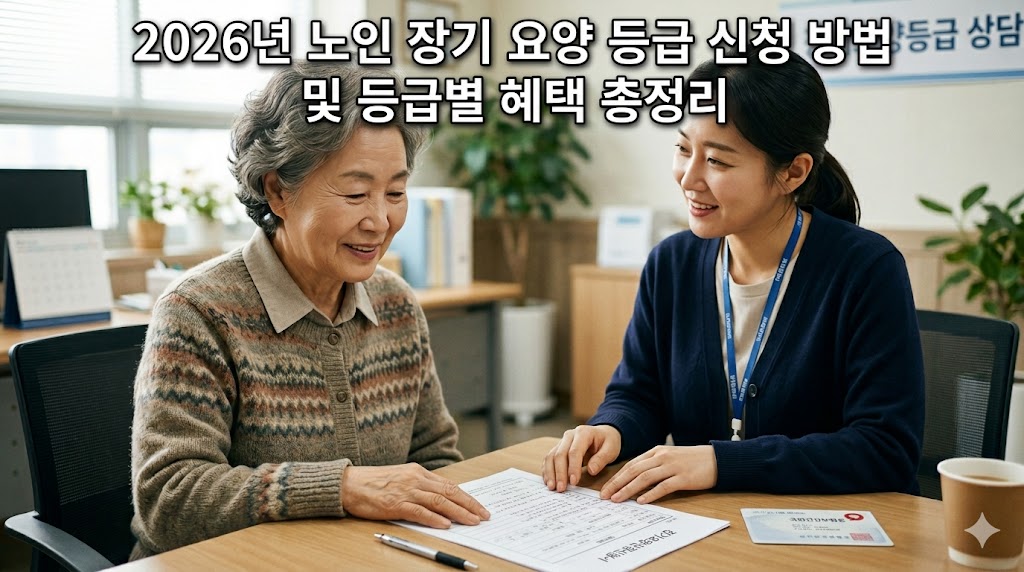 2026년 노인 장기 요양 등급 판정을 위한 실전 가이드 썸네일. 인자하게 웃는 어르신과 상담하는 복지사의 실사 배경 위로, 상단에 흰색 바와 함께 명확한 검은색 글씨로 '2026년 노인 장기 요양 등급 신청 방법'이라고 적혀 있다. 그 아래로 등급별 인정 점수(1등급 95점, 5등급 45점 등)와 시설급여/재가급여 본인부담금 비율(15~20%)을 핵심만 요약한 작은 데이터 카드가 시각화되어 있어, 독자가 이미지 한 장으로 글의 가치와 최신 정보를 즉시 인지하고 클릭하도록 설계되었다.