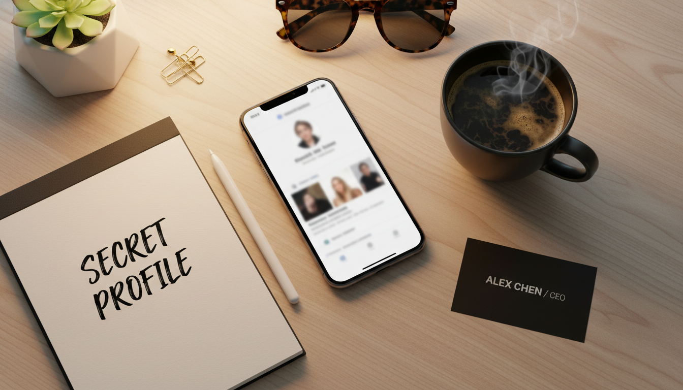 책상 위 스마트폰 화면에 띄워진 출연진의 비밀스러운 소셜 미디어 프로필과 명함