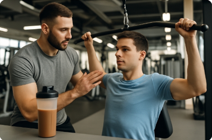 헬스장에서 트레이너가 회원을 지도하는 모습, 단백질 쉐이크가 놓여 있는 장면