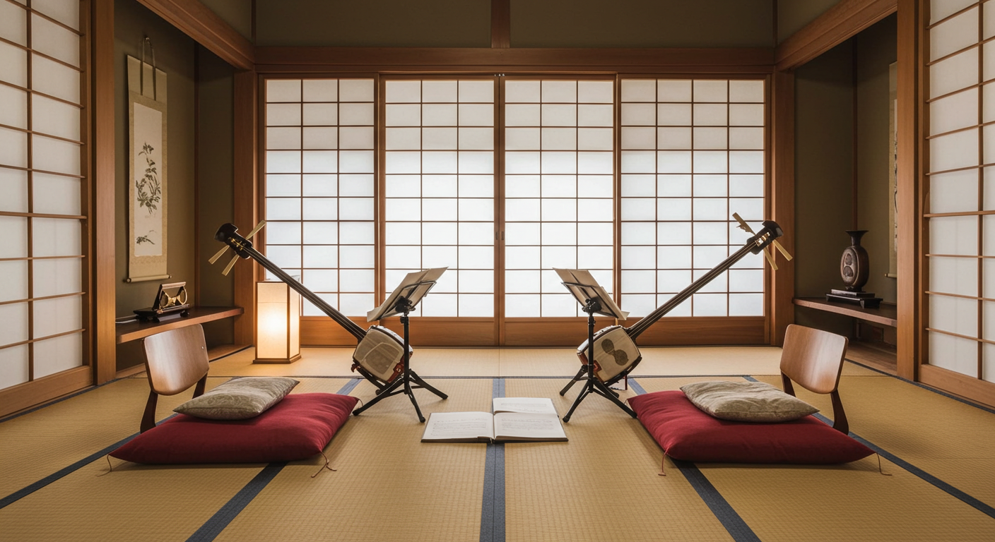 다다미가 깔린 일본 전통실의 샤미센 체험