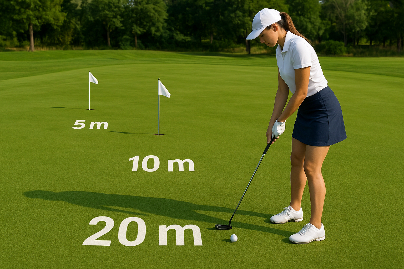 여자 골퍼가 5미터 10미터 20미터 퍼터연습하는 모습