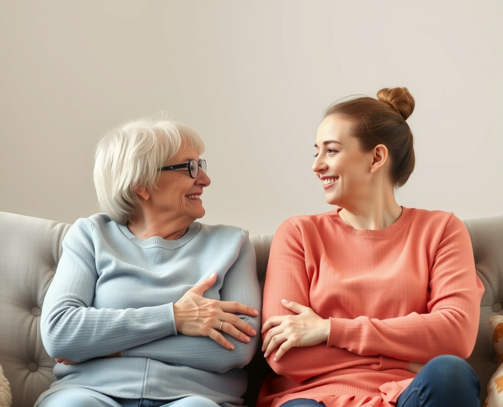 여성에게 삶의 큰 변화 중 하나인 갱년기를 잘 맞이하고 행복하게 웃고 있는 모녀의 이미지