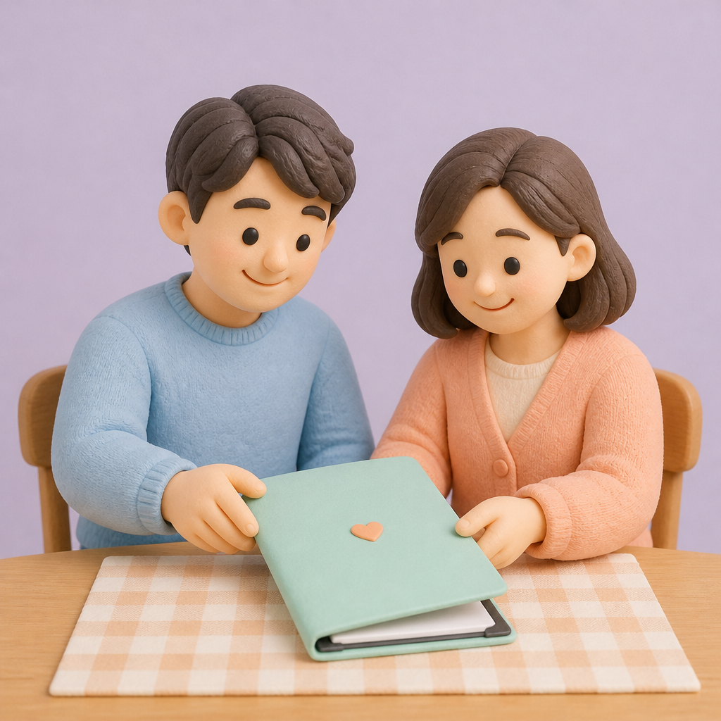 새 계약 조건에 합의하고 웃으며 계약서를 덮는 세입자 부부