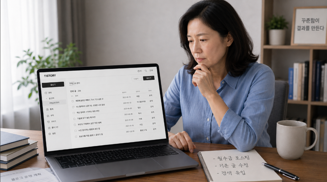 방치된 티스토리 블로그를 다시 시작하기 위해 카테고리와 기존 글을 점검하는 장면