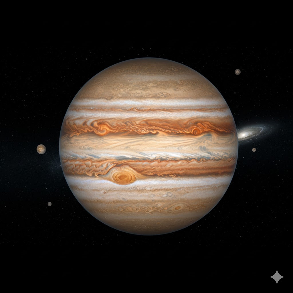 대적점과 다채로운 가로 줄무늬 구름층이 돋보이는 목성의 전체적인 모습. 우주 공간 속 가스 거인 행성의 특징을 사실적으로 표현한 이미지