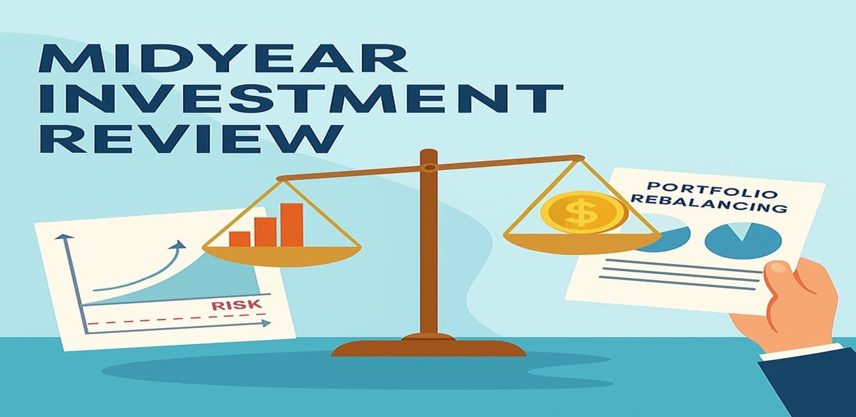 리밸런싱 저울과 포트폴리오 그래프가 있는 상반기 투자 점검 인포그래픽