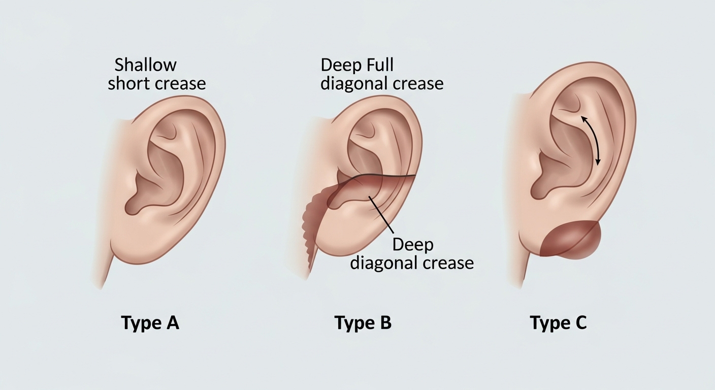 얕은 주름, 깊은 대각선 주름, 이중 주름 등 다양한 형태의 귓볼주름을 보여주는 의료 삽화.