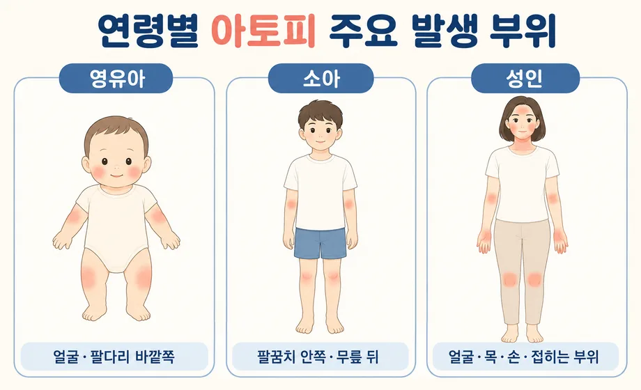 영유아 소아 성인의 연령별 아토피 피부염 주요 발생 부위