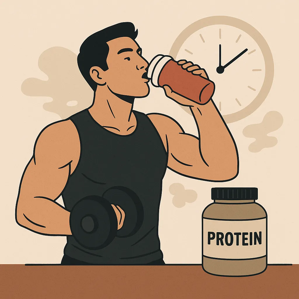 단백질-섭취-타이밍이-운동-효과에-미치는-영향을-표현한-일러스트-이미지로-헬스장에서-운동하는-사람과-단백질-보충제를-상징적으로-묘사